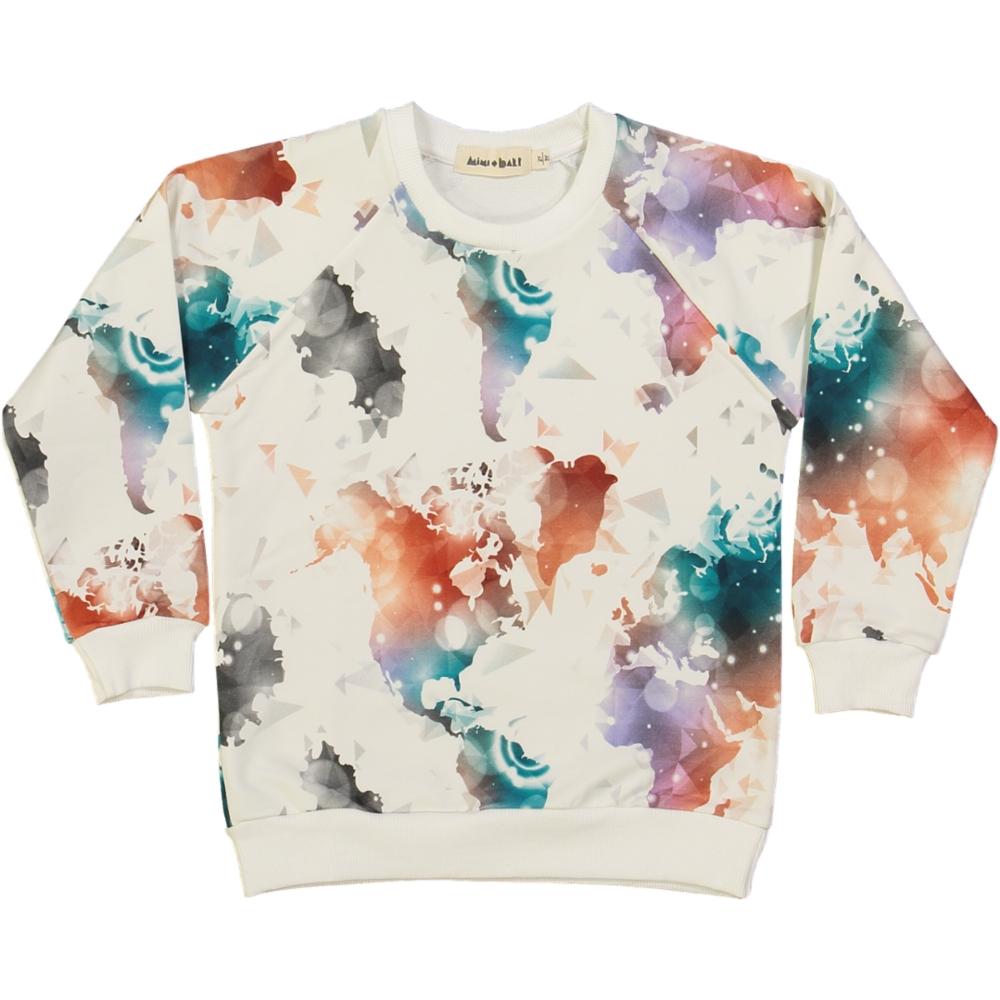 organic cotton kids sweater with colourful world map print
