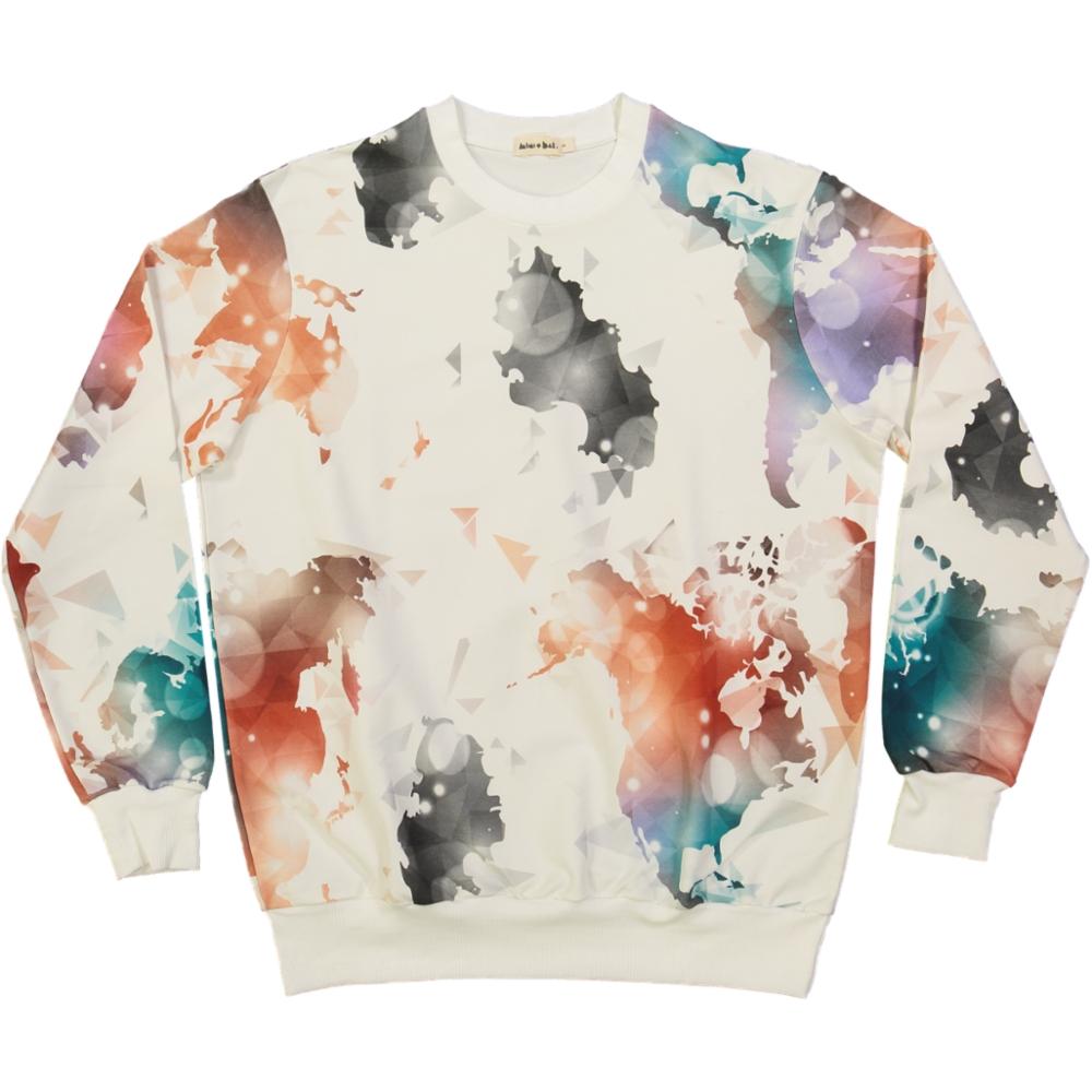 organic cotton adult sweater, with colourful world map print