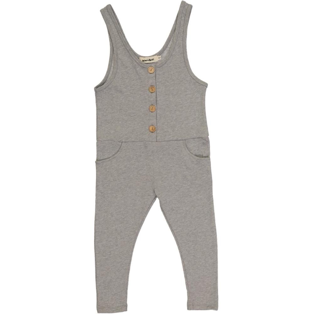 kids gray playsuit with wood buttons,  organic cotton
